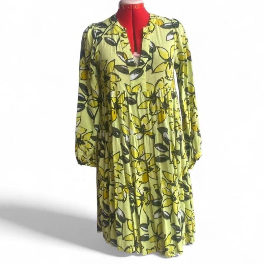 Maeve Anthropologie Yellow Floral Long-Sleeve V Neck Dress